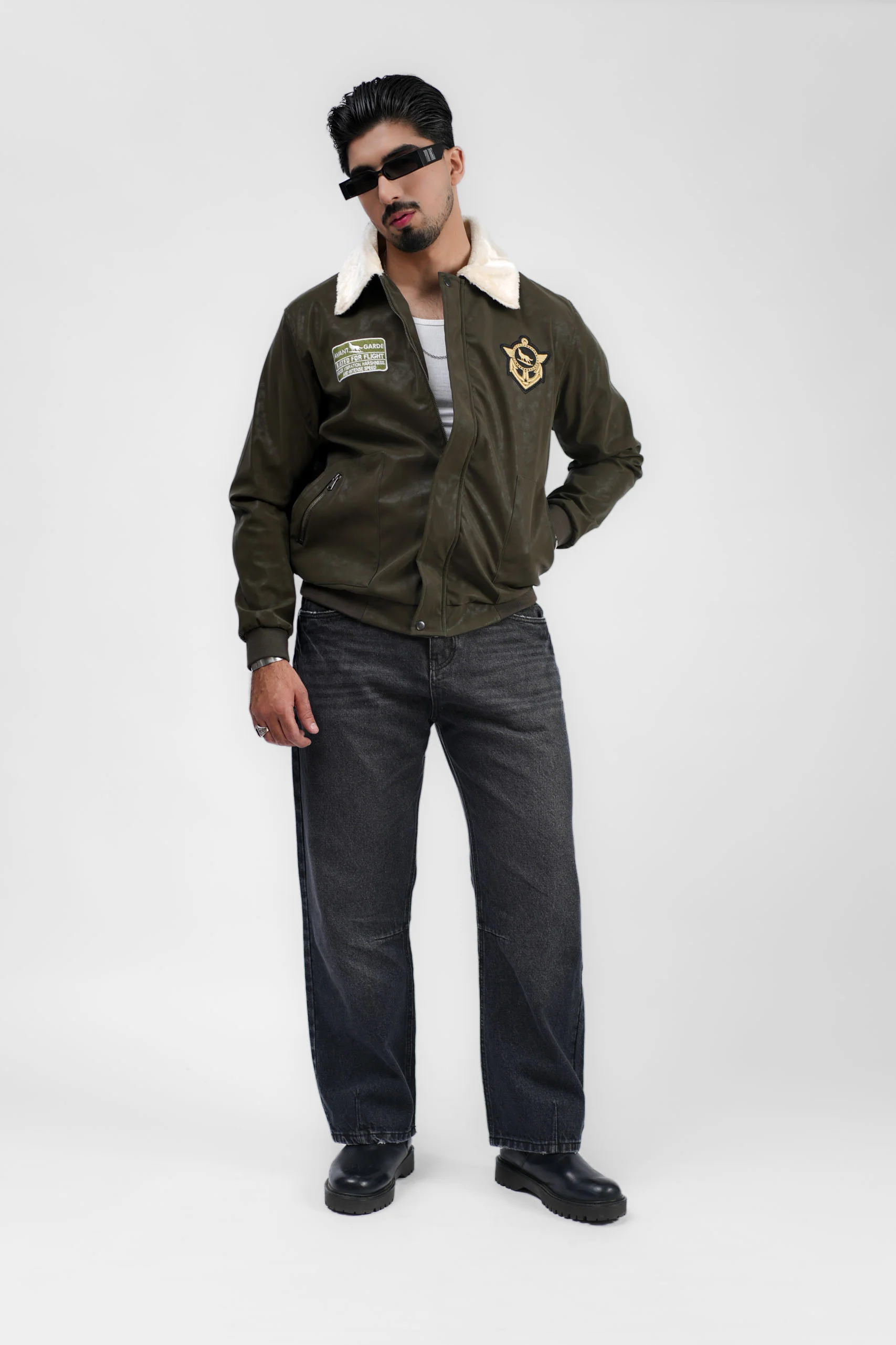 Leather Aviator Jacket - Green - Image 14
